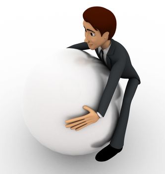 3d man trying to carry up big white sphere concept on white background, side angle view