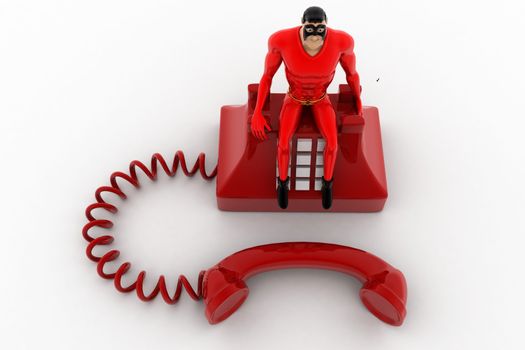 3d superhero standing on red old telephone concept on white background, top angle view