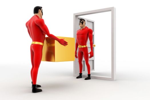 3d superhero deliverying box at door to another superhero concept on white background, side angle view