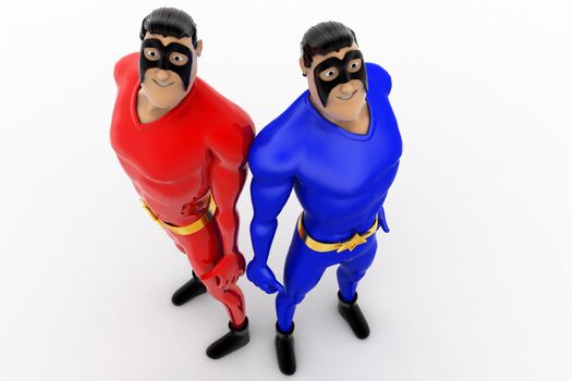 3d two superhero friend leaning on each other concept on white background,  top angle view