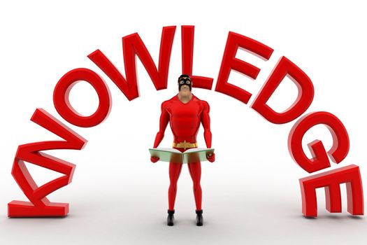 3d superhero with book in hand and knowledge text concept on white background, front angle view