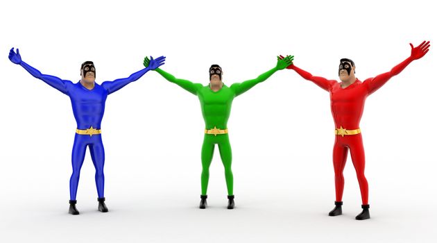3d three pneguins happy and hands up concept on white background, front angle view