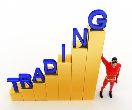 3d superhero with growth graph of trading concept on white background, top angle view