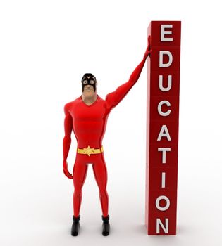 3d superhero with education cubes concept on white background, front angle view