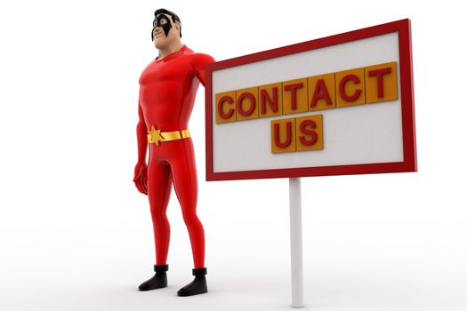 3d superhero with contact us sign board concept on white background, side angle view
