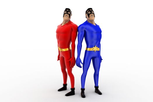 3d two superhero friend leaning on each other concept on white background, front angle view