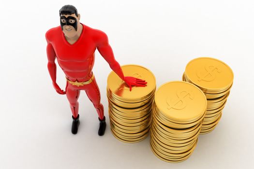 3d superhero with pile of coins concept on white background,  top angle view