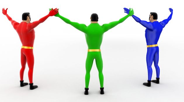 3d three pneguins happy and hands up concept on white background, back angle view