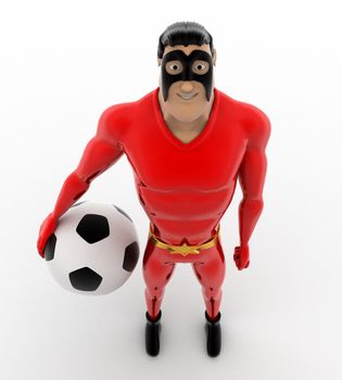 3d superhero with soccer ball in hand concept on white background, top angle view