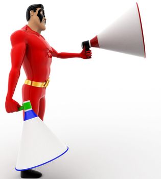 3d superhero with two blue and red loud speaker concept on white background, side angle view