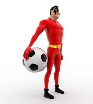 3d superhero with soccer ball in hand concept on white background, side angle view