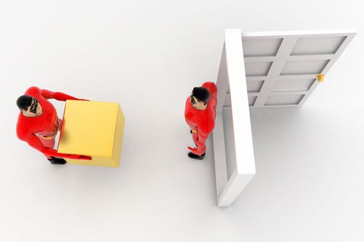 3d superhero deliverying box at door to another superhero concept on white background, top angle view