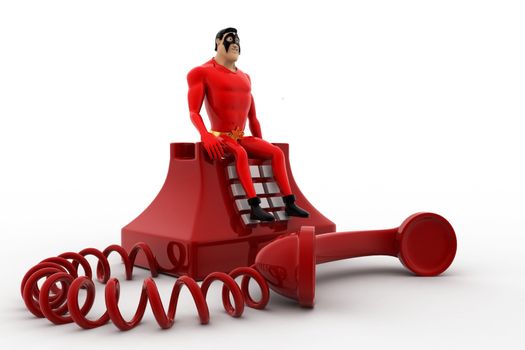 3d superhero standing on red old telephone concept on white background, side angle view