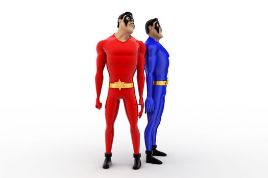 3d two superhero friend leaning on each other concept on white background,  side  angle view