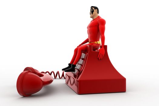 3d superhero standing on red old telephone concept on white background, side angle view