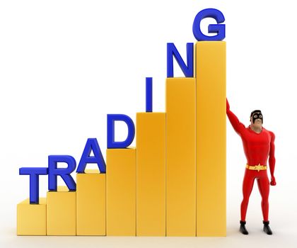 3d superhero with growth graph of trading concept on white background, front angle view