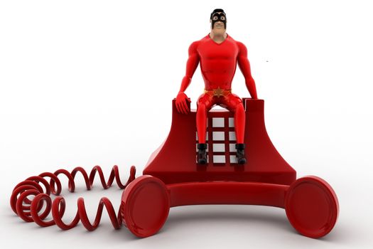 3d superhero standing on red old telephone concept on white background, front angle view