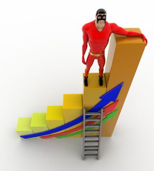 3d superhero climb bar graph concept on white background,  top  angle view