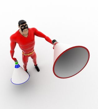3d superhero with two blue and red loud speaker concept on white background, top angle view