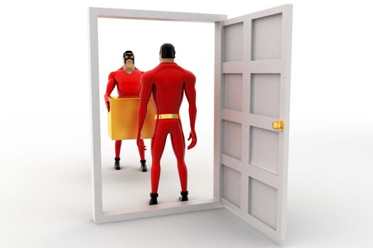 3d superhero deliverying box at door to another superhero concept on white background, back angle view