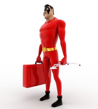 3d superhero with medical kit box and stethoscope concept on white background, side angle view
