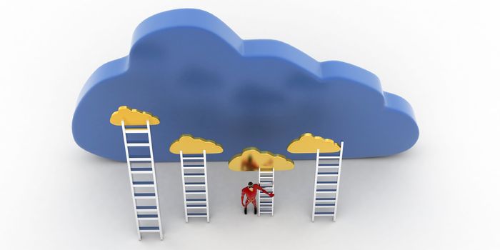 3d superhero with cloud and ladder to reach clouds concept on white background, top angle view