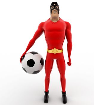 3d superhero with soccer ball in hand concept on white background, front angle view