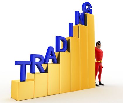 3d superhero with growth graph of trading concept on white background, side angle view