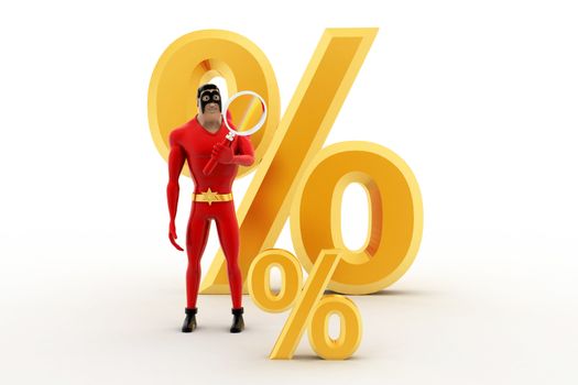 3d superhero examine small percentage symbol using magnifying glass concept on white background, front angle view