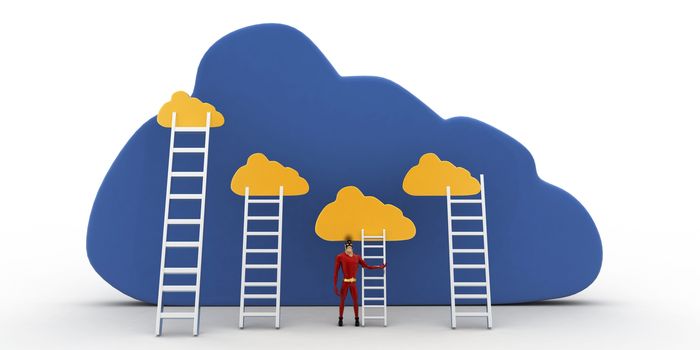 3d superhero with cloud and ladder to reach clouds concept on white background, front angle view