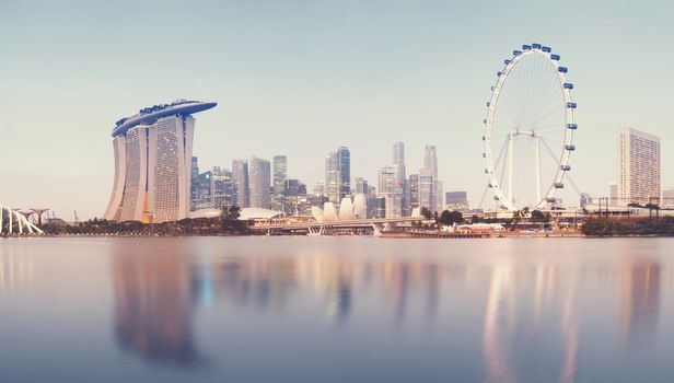 Panoramic image of Singapore`s skyline at sunrise. (stiched from several images :Panoramic)