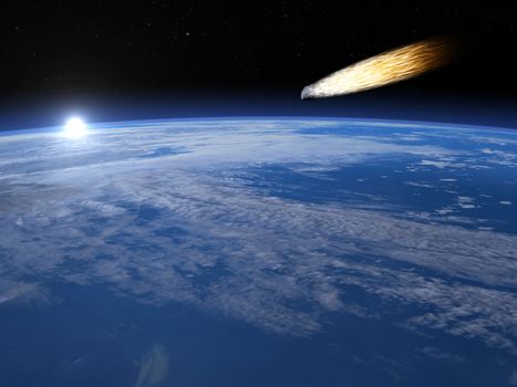 Meteor glowing as it enters the earth's atmosphere, sunrise time, elements of this image furnished by NASA - 3D render