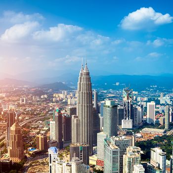 Kuala Lumpur skyline with the Petronas Towers and other skyscrapers. 