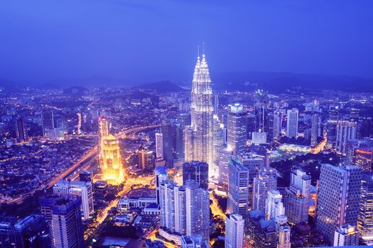 Kuala Lumpur skyline with the Petronas Towers and other skyscrapers. 