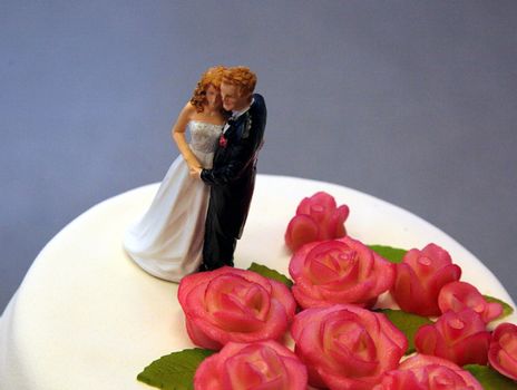 Figure of bride and groom put on top of wedding cake