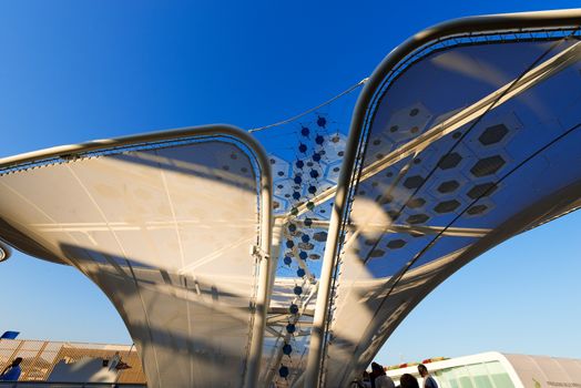 MILAN, ITALY - AUGUST 31, 2015: Detail of Germany pavilion at Expo Milano 2015, universal exposition on the theme of food, in Milan, Lombardy, Italy, Europe