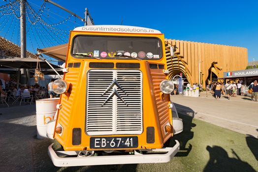 MILAN, ITALY - AUGUST 31, 2015: Holland and france pavilion at Expo Milano 2015, universal exposition on the theme of food, in Milan, Lombardy, Italy, Europe