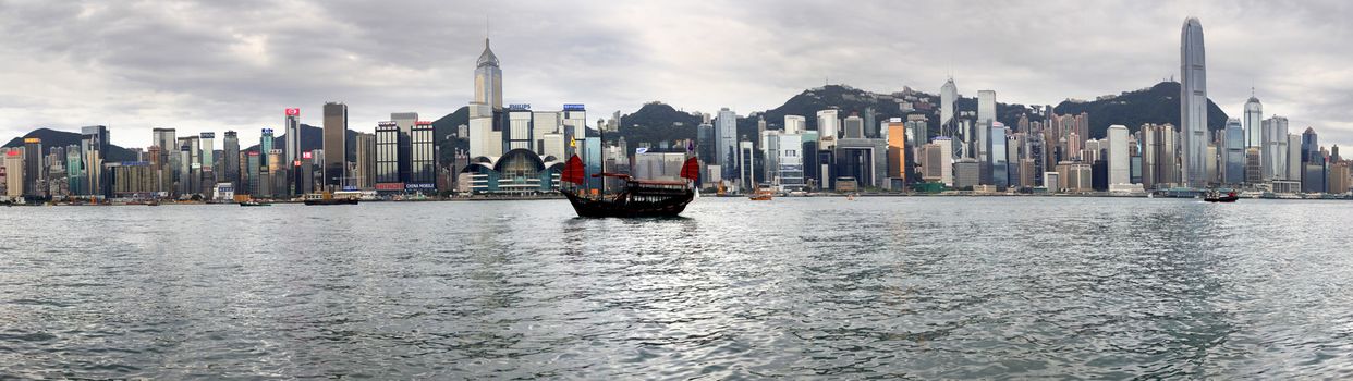 Hong Kong, Hong Kong S.A.R. - April 26, 2014:  Panorama of 15 frames. View of modern skyscrapers in downtown Hong Kong on sunset, China on April 26, 2014. 