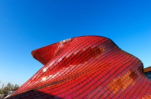 MILAN, ITALY - AUGUST 31, 2015: Vanke pavilion (leader in the Chinese real estate) at Expo Milano 2015, universal exposition on the theme of food, in Milan, Lombardy, Italy, Europe