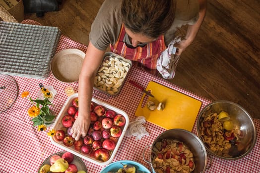 looking down on woman preparing fruit