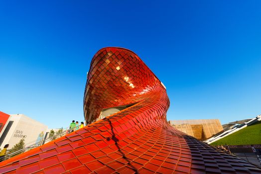 MILAN, ITALY - AUGUST 31, 2015: Vanke pavilion (leader in the Chinese real estate) at Expo Milano 2015, universal exposition on the theme of food, in Milan, Lombardy, Italy, Europe