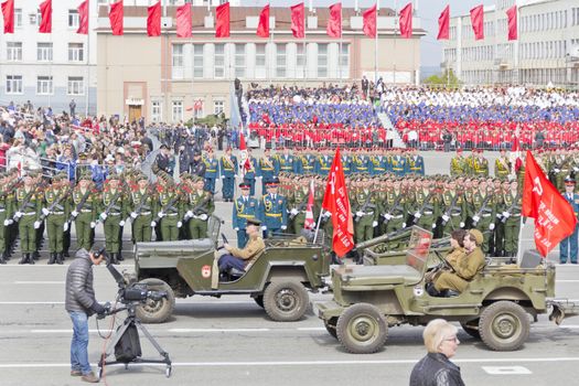 Samara, Russia - May 9: Russian military transport at the parade on annual Victory Day, May, 9, 2015 in Samara, Russia.