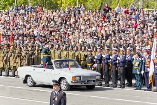 Samara, Russia - May 9: Russian ceremony of the opening military parade on annual Victory Day, May, 9, 2015 in Samara, Russia.
