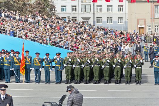 Samara, Russia - May 9: Russian ceremony of the opening military parade on annual Victory Day, May, 9, 2015 in Samara, Russia.
