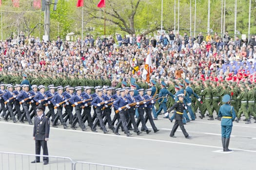 Samara, Russia - May 9: Russian soldiers march at the parade on annual Victory Day, May, 9, 2015 in Samara, Russia.
