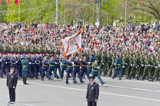 Samara, Russia - May 9: Russian soldiers march at the parade on annual Victory Day, May, 9, 2015 in Samara, Russia.
