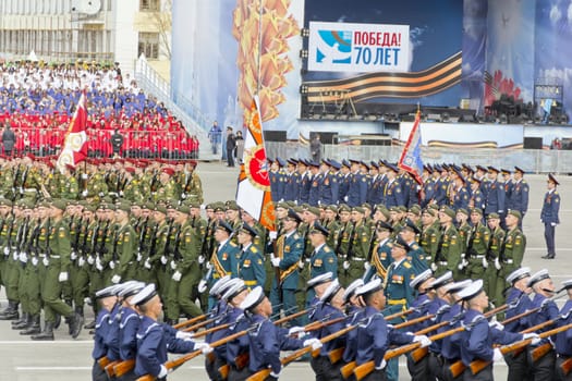 Samara, Russia - May 9: Russian soldiers march at the parade on annual Victory Day, May, 9, 2015 in Samara, Russia.
