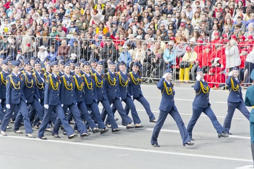 Samara, Russia - May 9: Russian woman midshipmans march at the parade on annual Victory Day, May, 9, 2015 in Samara, Russia.