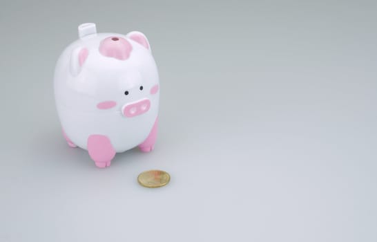 Piggy bank with one gold coin placed on white background.                             