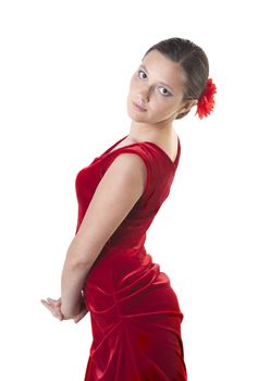 Dancer woman in a red dress isolated over white